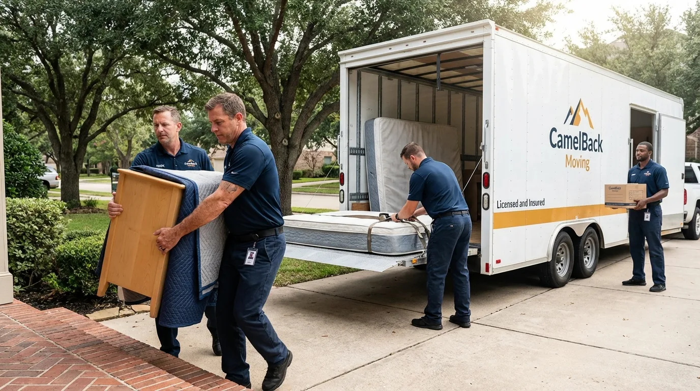 Crew loading residential truck for cross-state move from Davis, CA