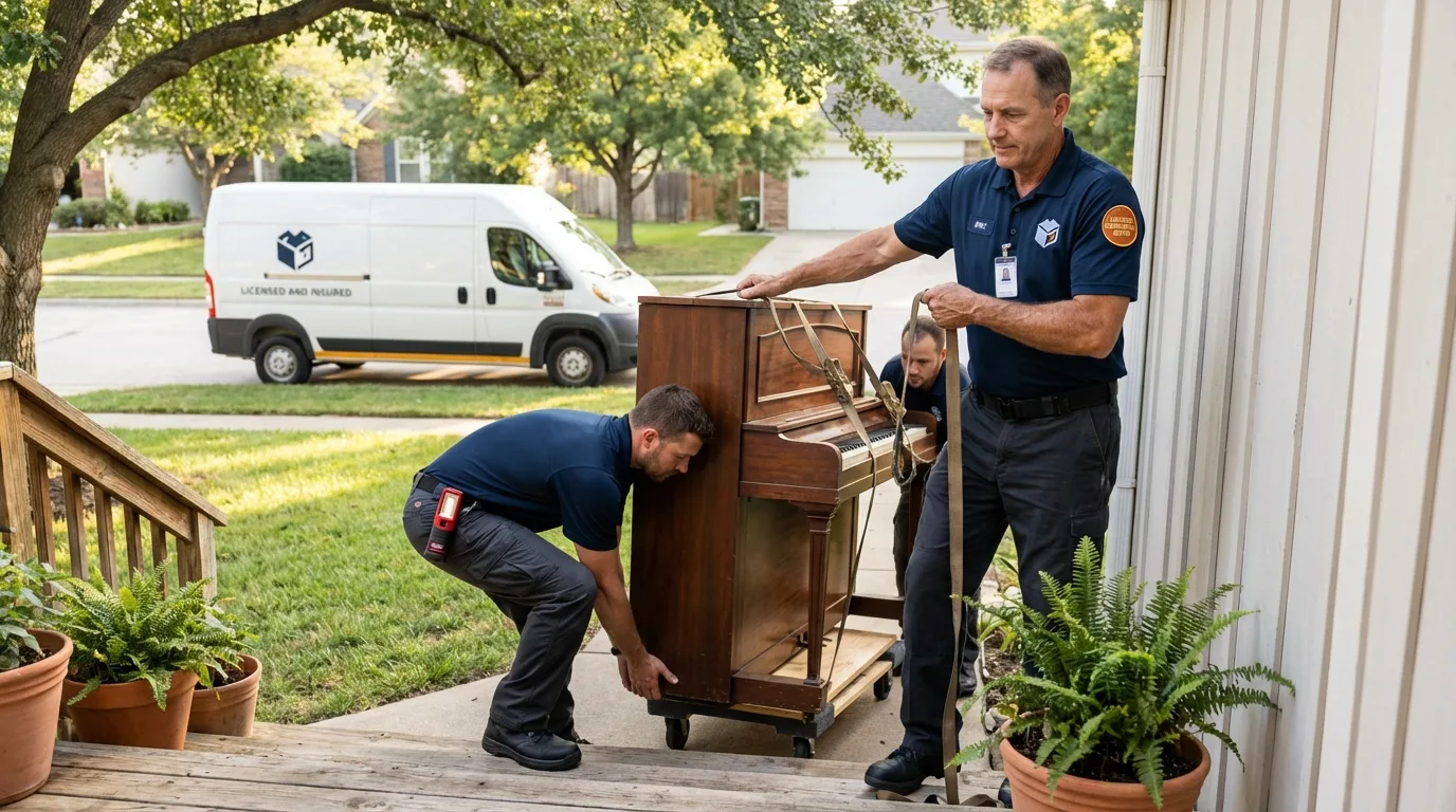 Licensed piano movers securing grand piano in Davis, CA