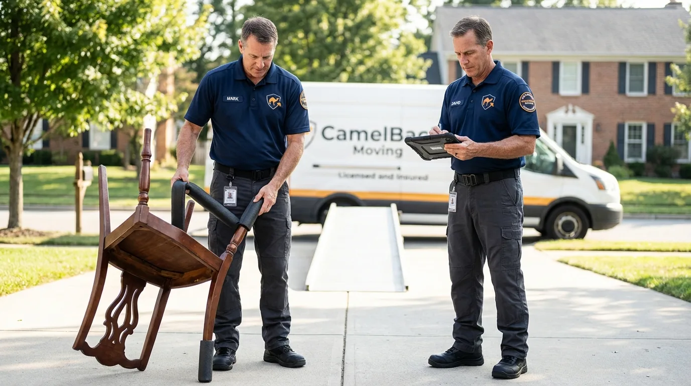 Movers inspecting furniture for damage prevention before loading in Davis, CA