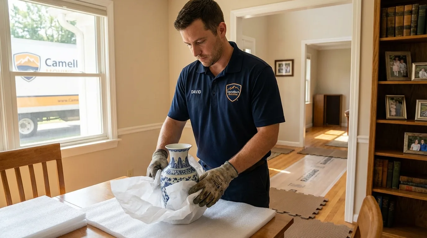 Professional crew carefully wrapping antique vase for senior downsizing move in Davis, CA